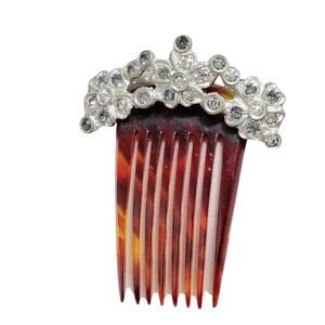 1920s Vintage Tortoise Shell Celluloid Metal Gemstone Flower Adorned Hair Comb